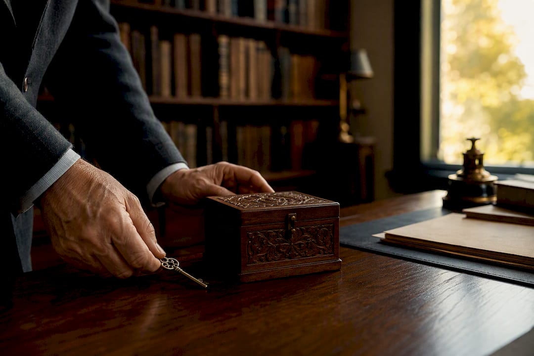 Hands arranging heirloom and documents on desk