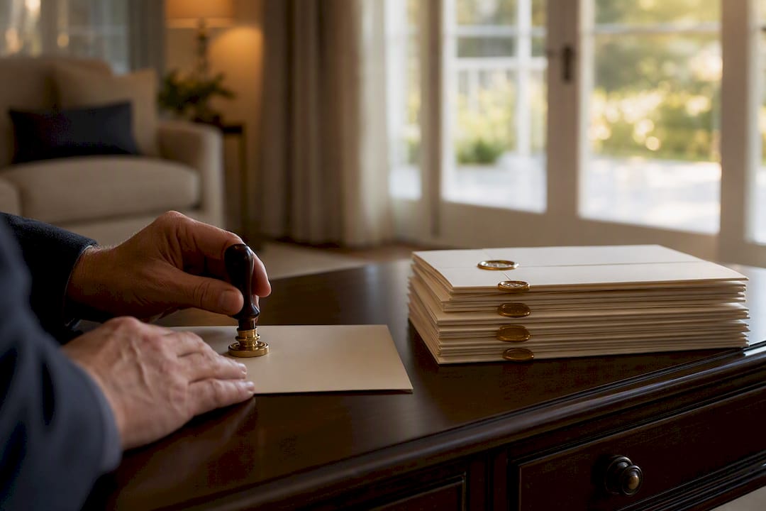 Hands sealing trust documents with wax stamp