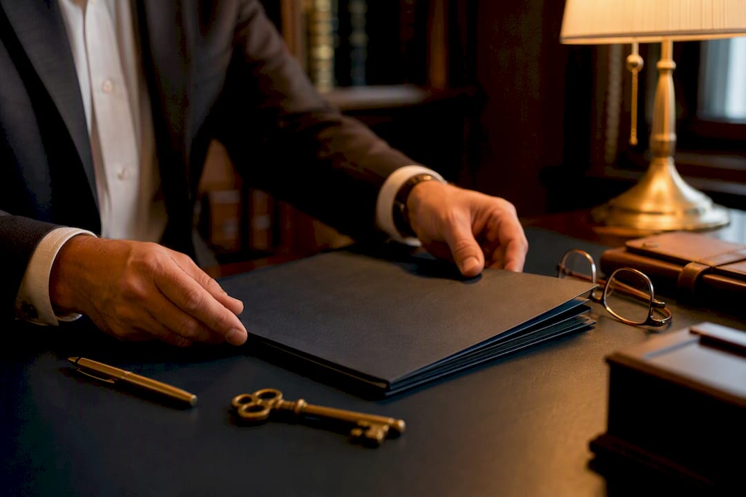 Hands drafting trust deed with key and pen