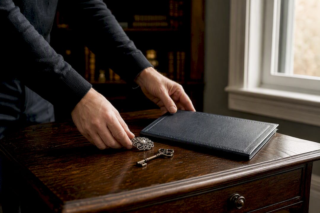 Hands arranging key, ring, and legal folder
