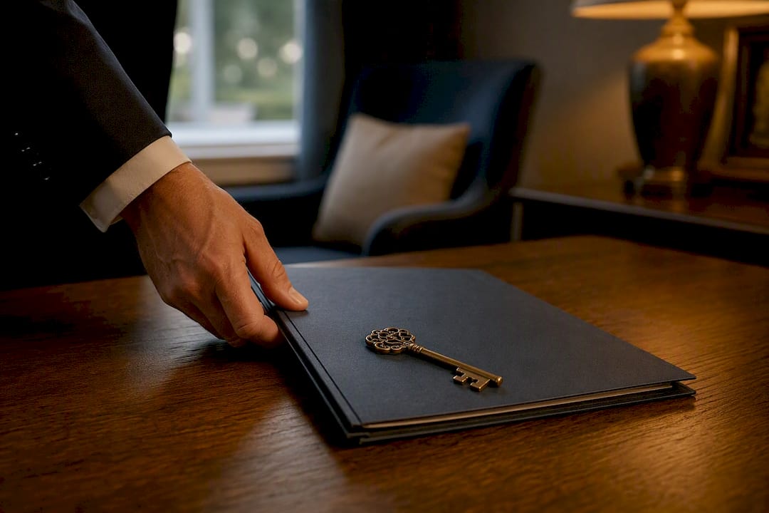 Hand placing estate folder and key on countertop