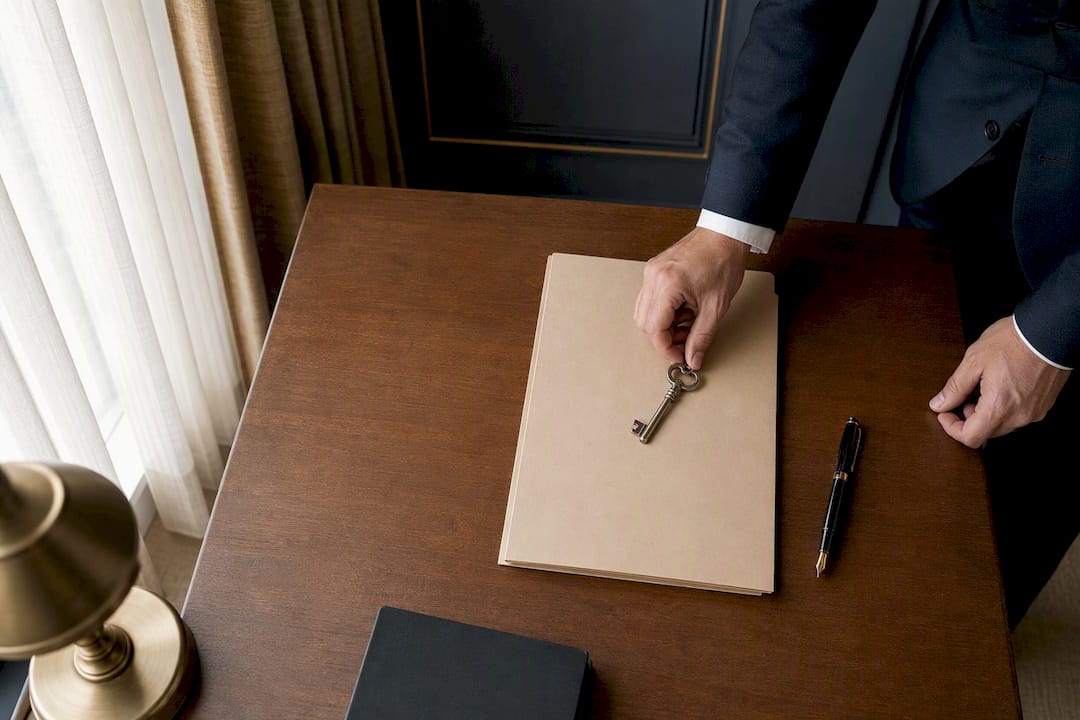 Hand placing key and folder on executive desk