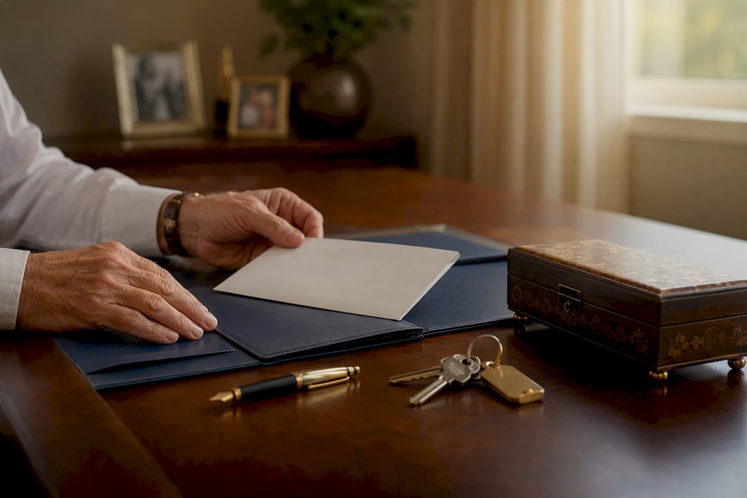 Hands arranging CPF nomination letter with keys