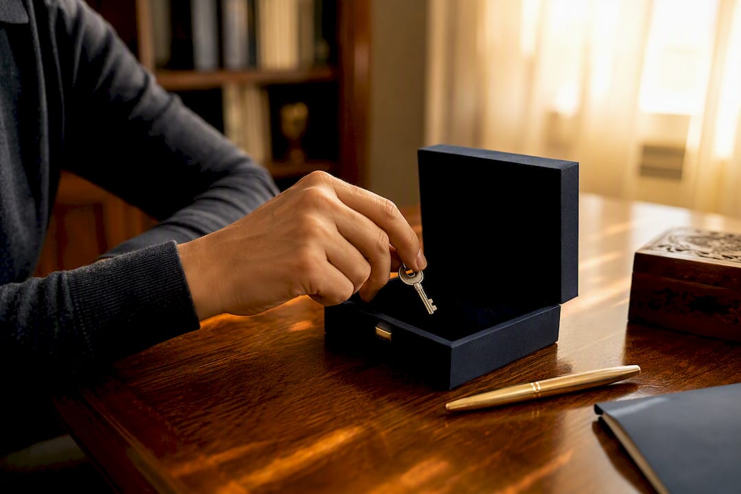 Parent placing key into velvet-lined box