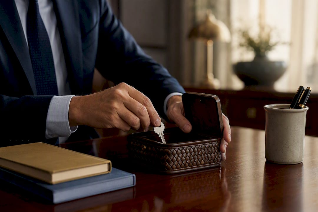 Hands placing key into trust box on dark wood table