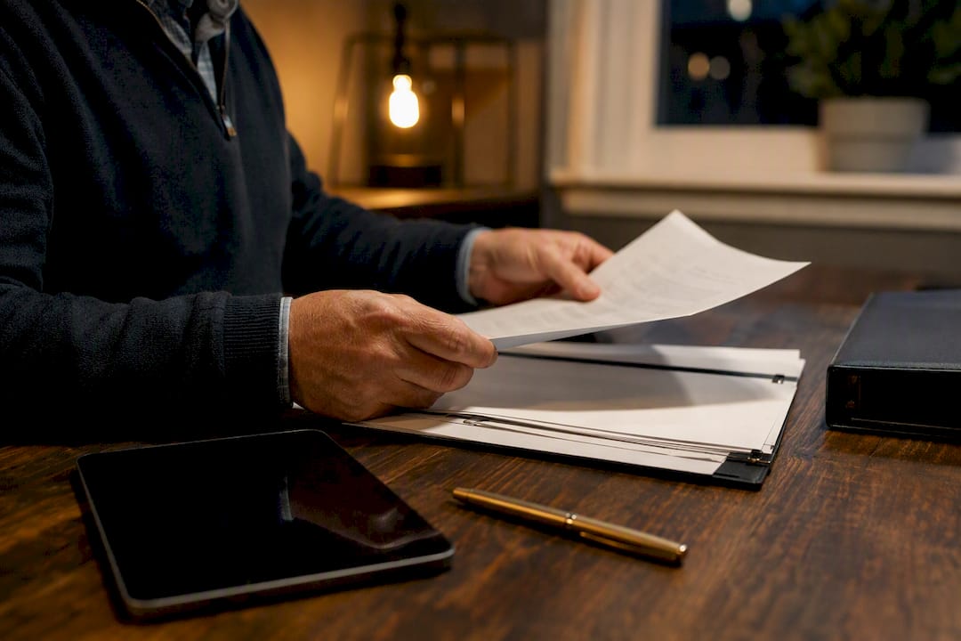 Hands typing in dark office with folder and lamp