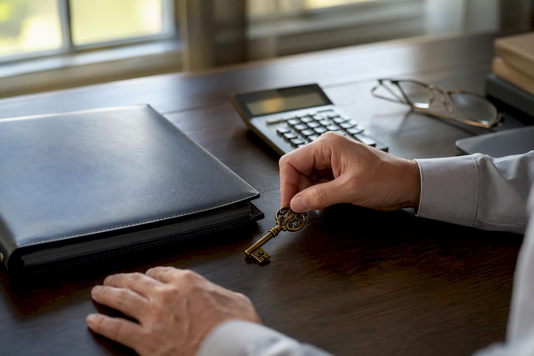 Trust deed folder with fiduciary key on dark wood table