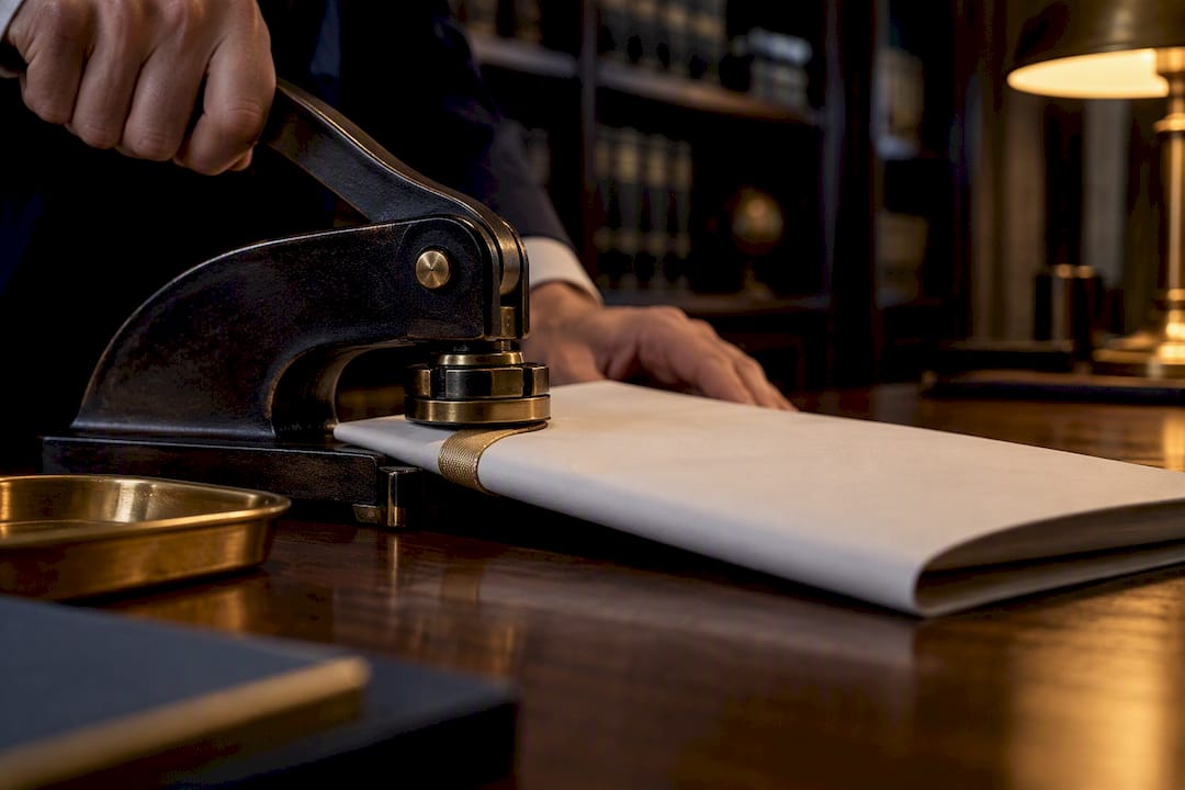 Embossing press beside folded trust deed
