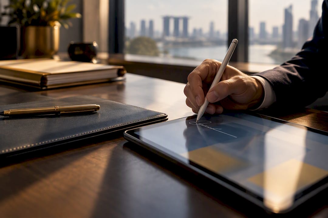 Hand completing a digital signature on tablet