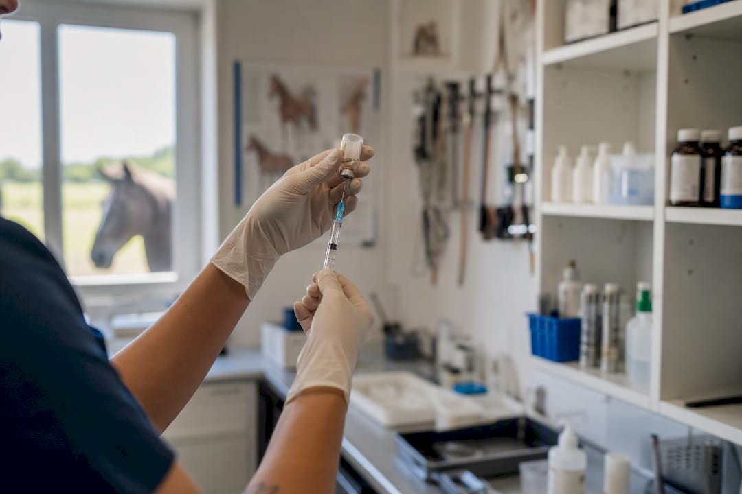 Hand preparing horse medication syringe