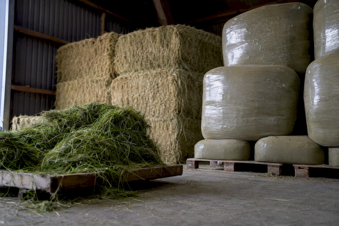 Different forage types stacked in stable