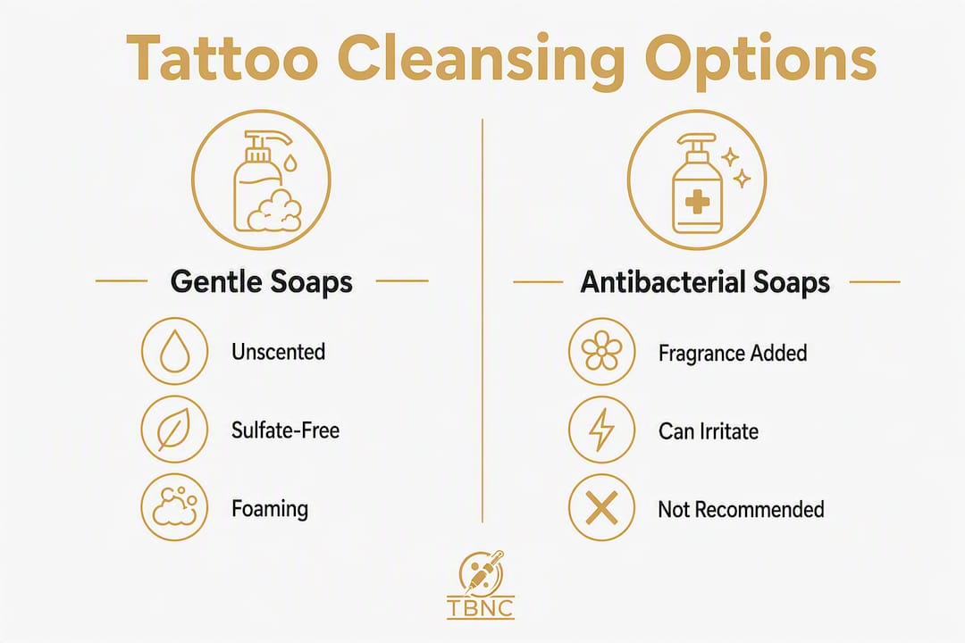 Infographic comparing gentle and antibacterial soaps for tattoos