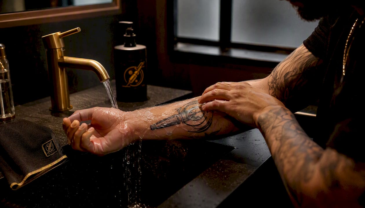 Person washing fresh tattoo with gentle soap