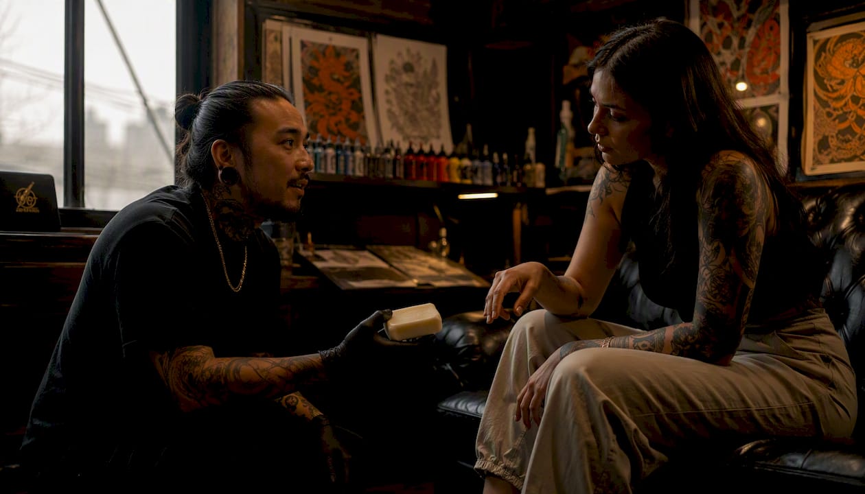 Tattoo artist giving soap recommendation to client