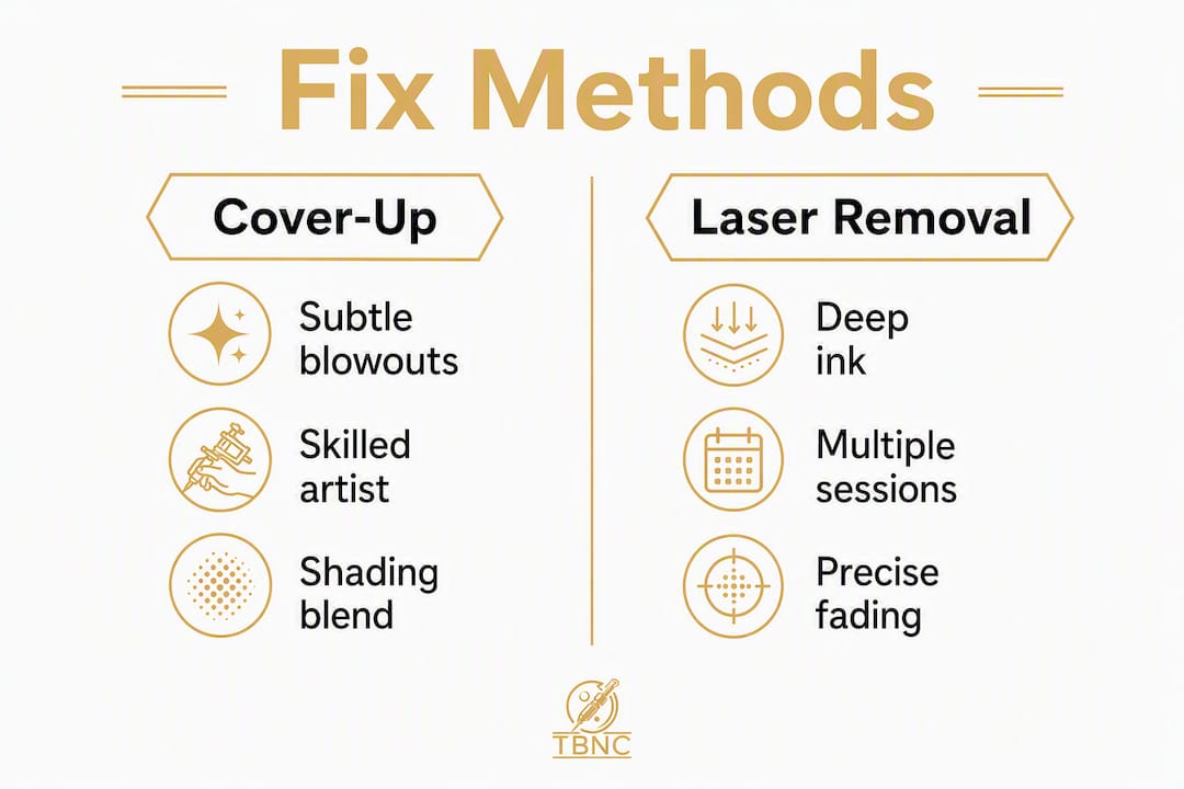Infographic comparing cover-up and laser tattoo blowout fixes