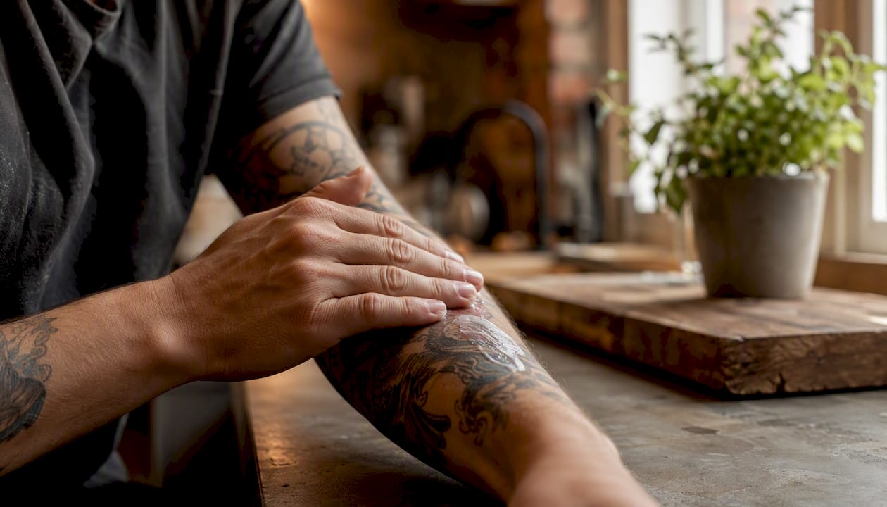 Applying moisturizer to healed tattoo skin