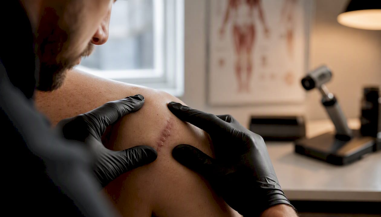 Dermatologist examining raised shoulder scar