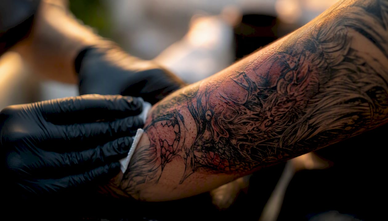 Close-up of fresh tattoo with inflamed skin