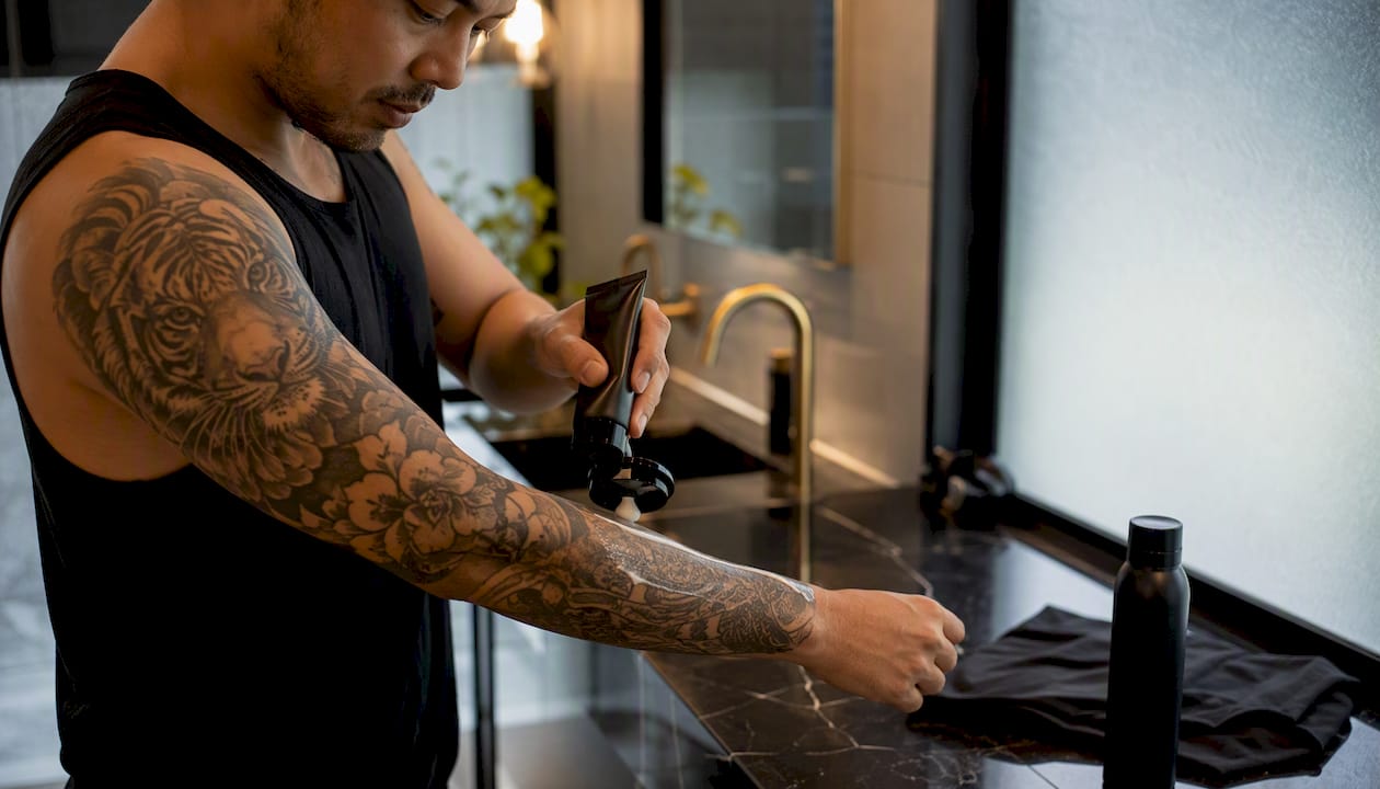 Applying mineral sunscreen on healed tattoo skin
