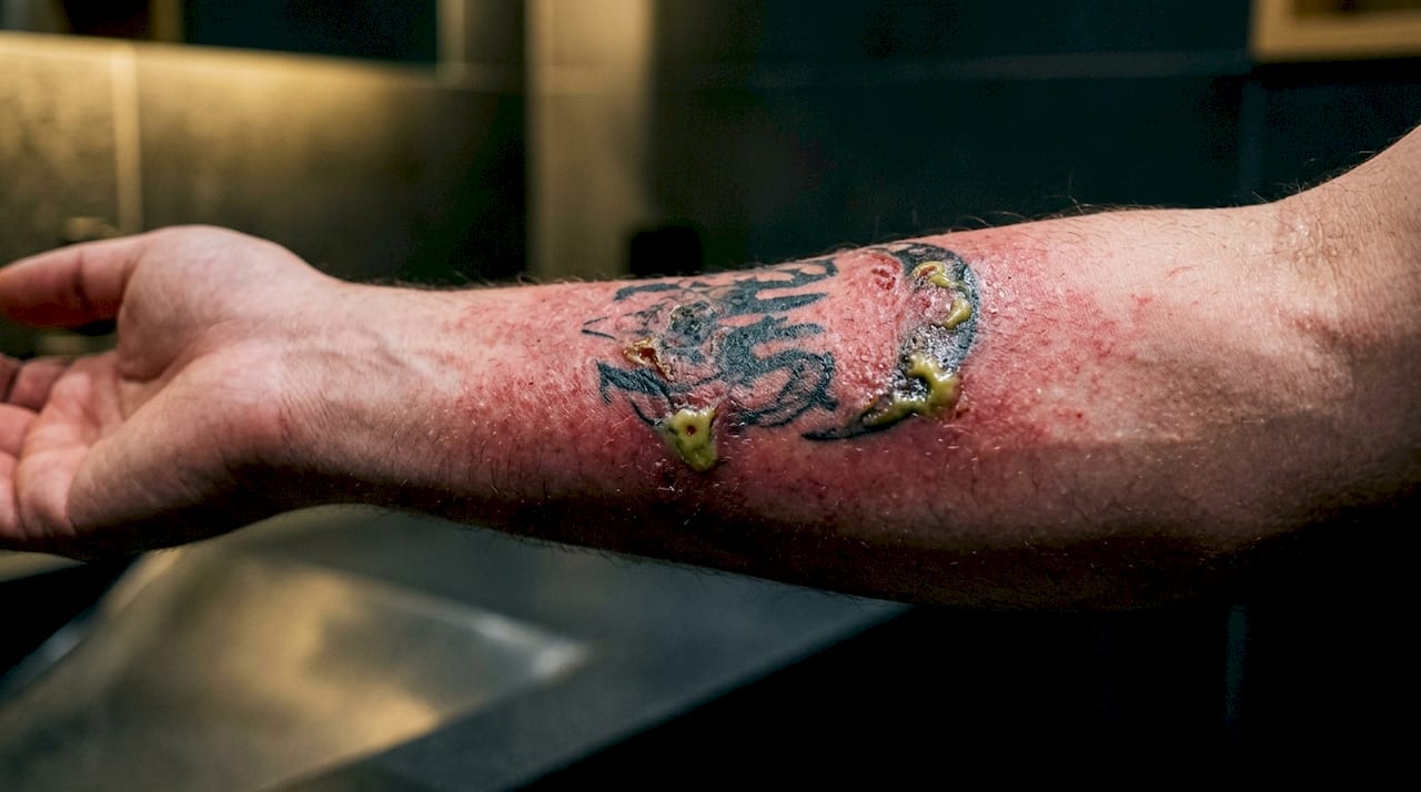 Close-up of infected tattoo skin with pus