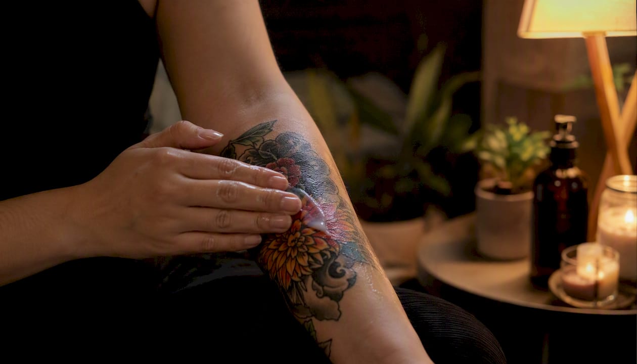 Hand moisturizing fresh tattoo with vegan lotion