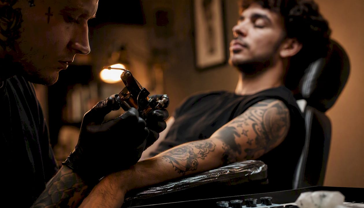 Tattoo artist adjusting needle during client breathing