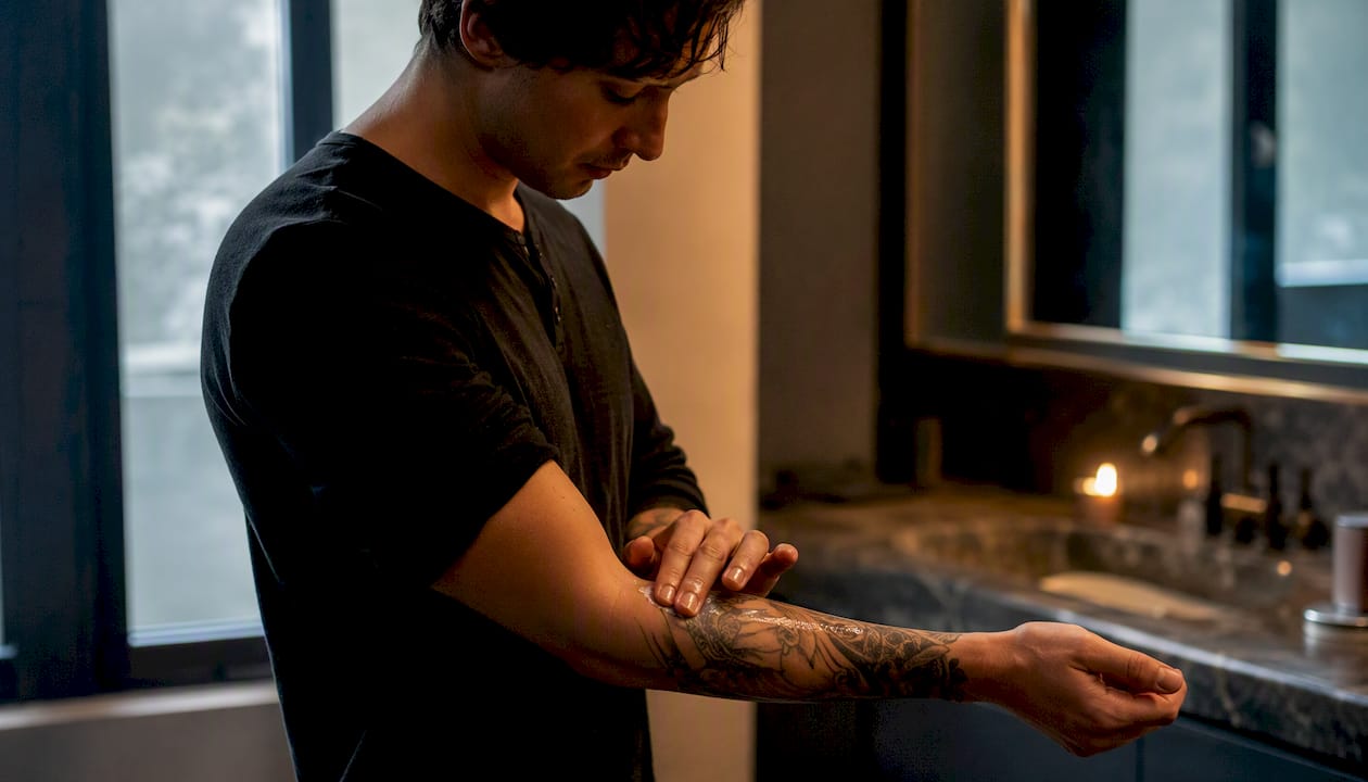 Person applying lotion on healing tattoo