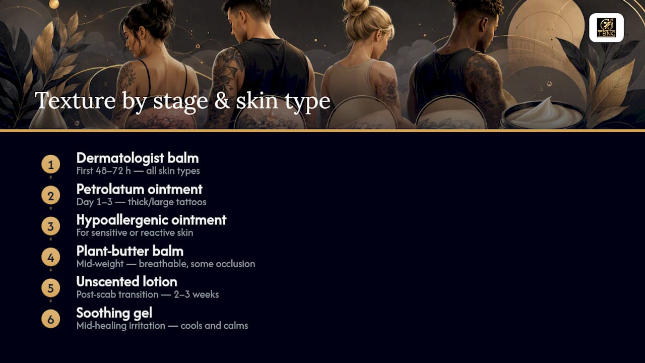 Diagram comparing tattoo aftercare product categories and healing stages
