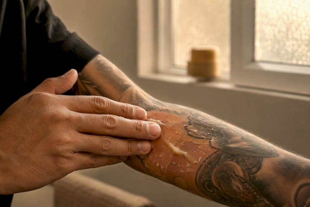 Hand soothing peeling tattoo skin with cloth