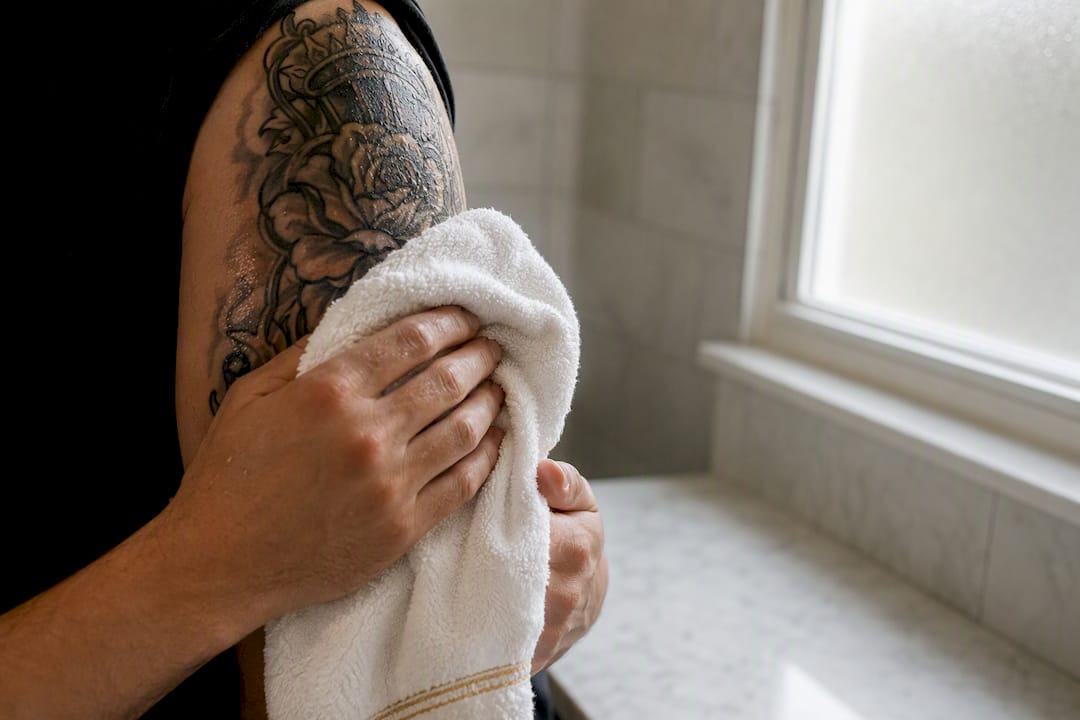 Clean towel gently drying a fresh tattoo