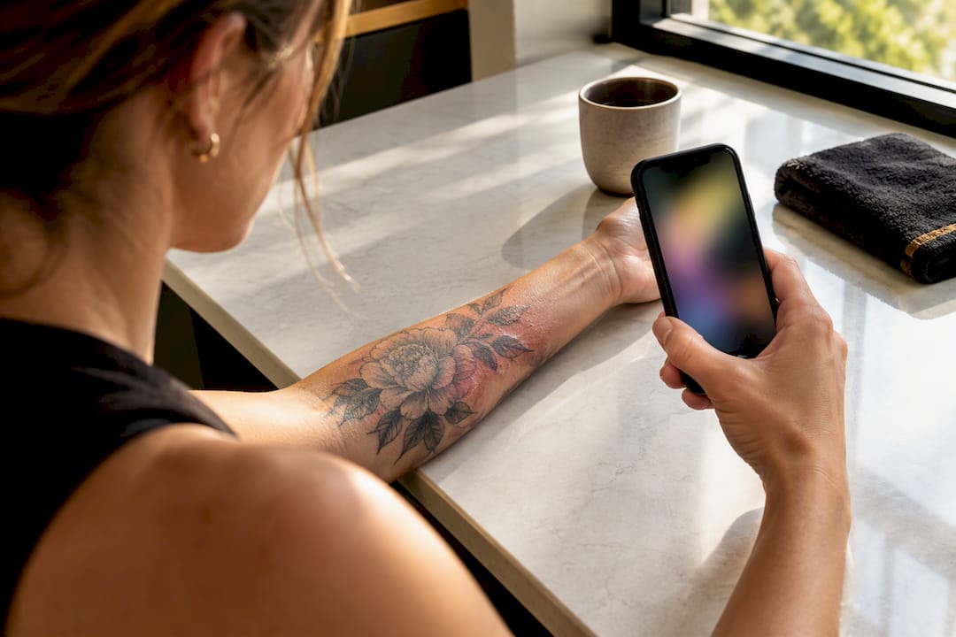 Person photographing tattoo healing progress