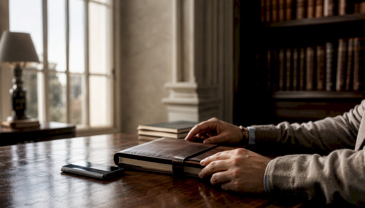 Hands adjusting planner on cream desk