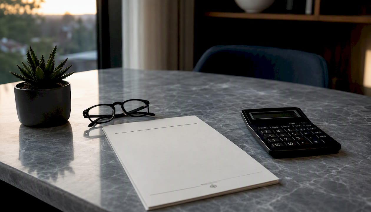 Calculator and mortgage documents on wooden table