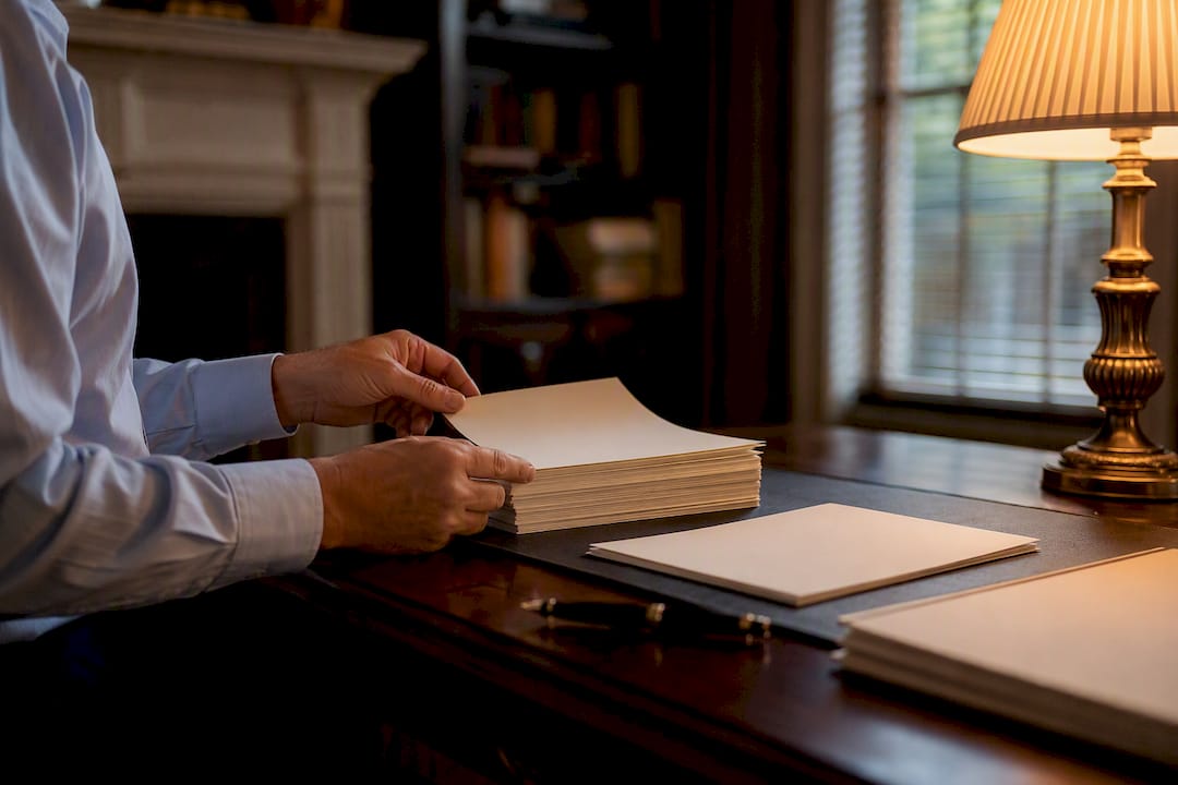 Hands stacking blank ledgers on wooden table