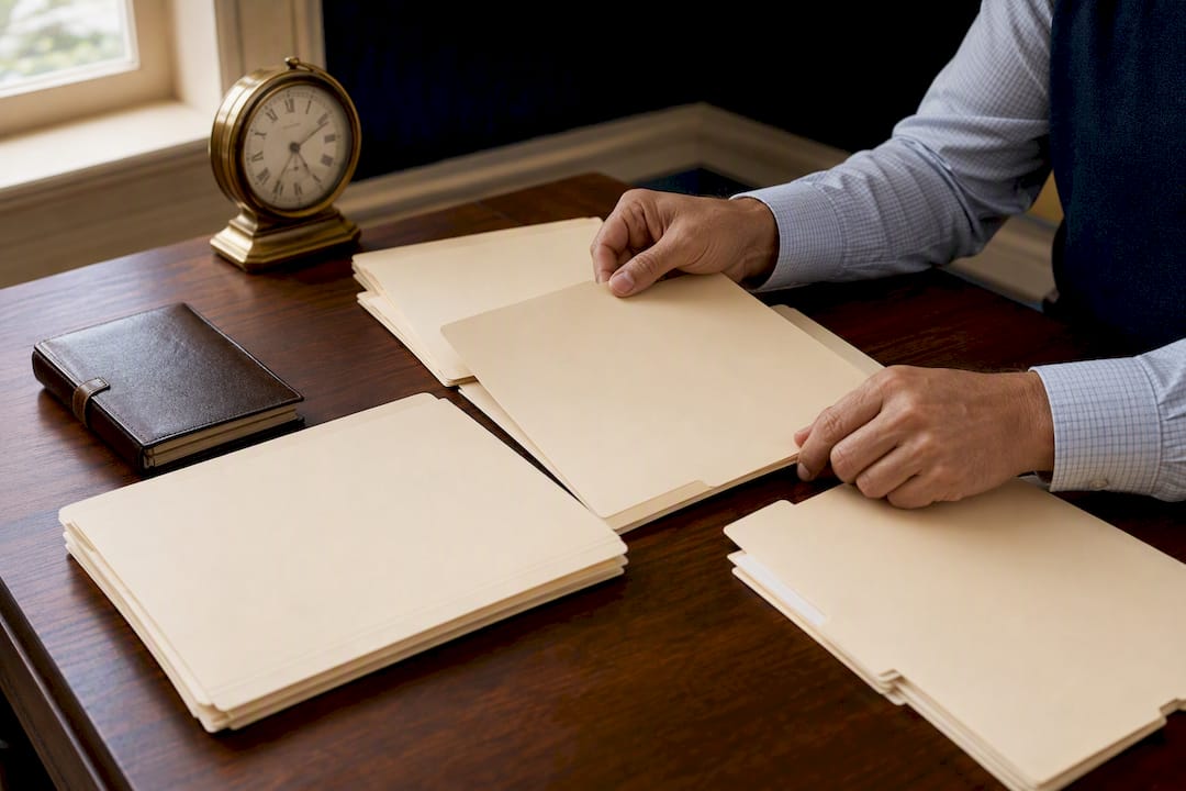 Hands organizing tax return folders on desk