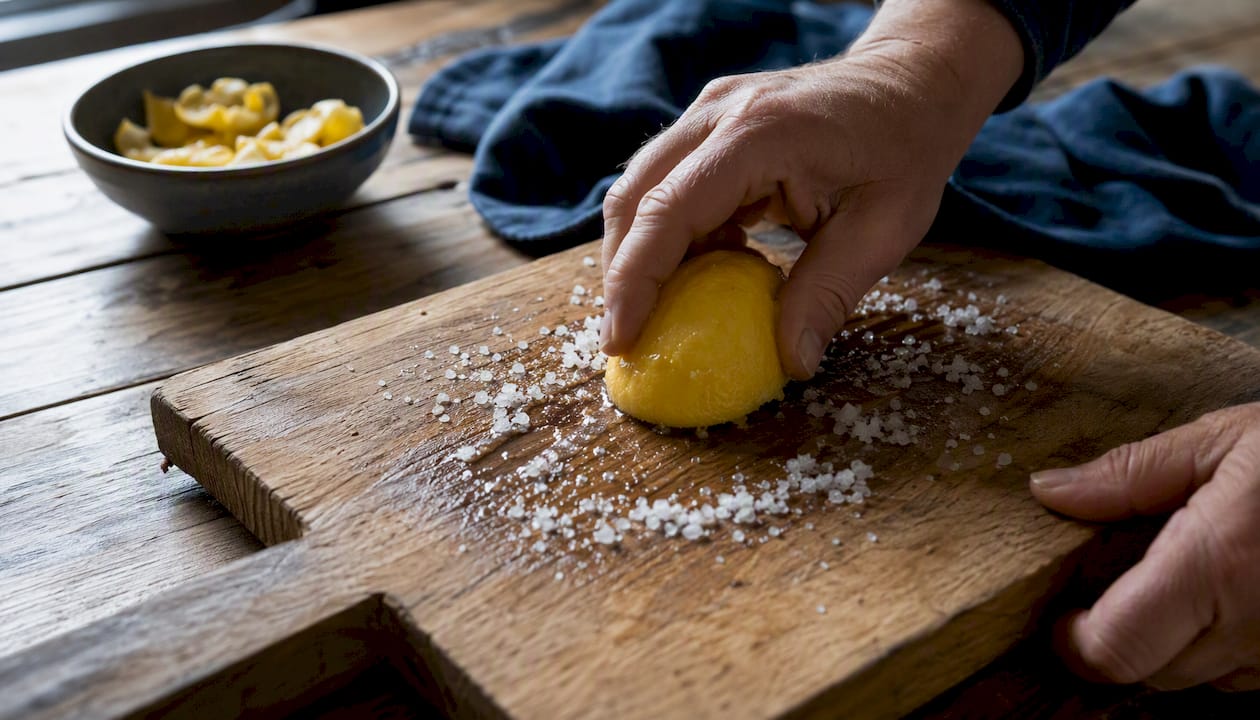 Ett smart knep för att rengöra träskärbrädan är att gnida in den med citron och salt. Det tar bort både lukt och fläckar och är dessutom helt naturligt.