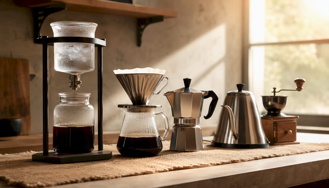 Various office coffee brewing devices on counter