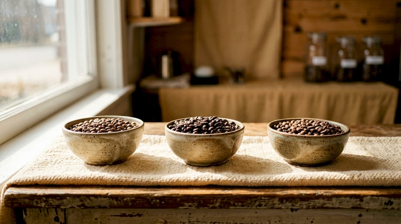 Three bowls with different single-origin coffee beans