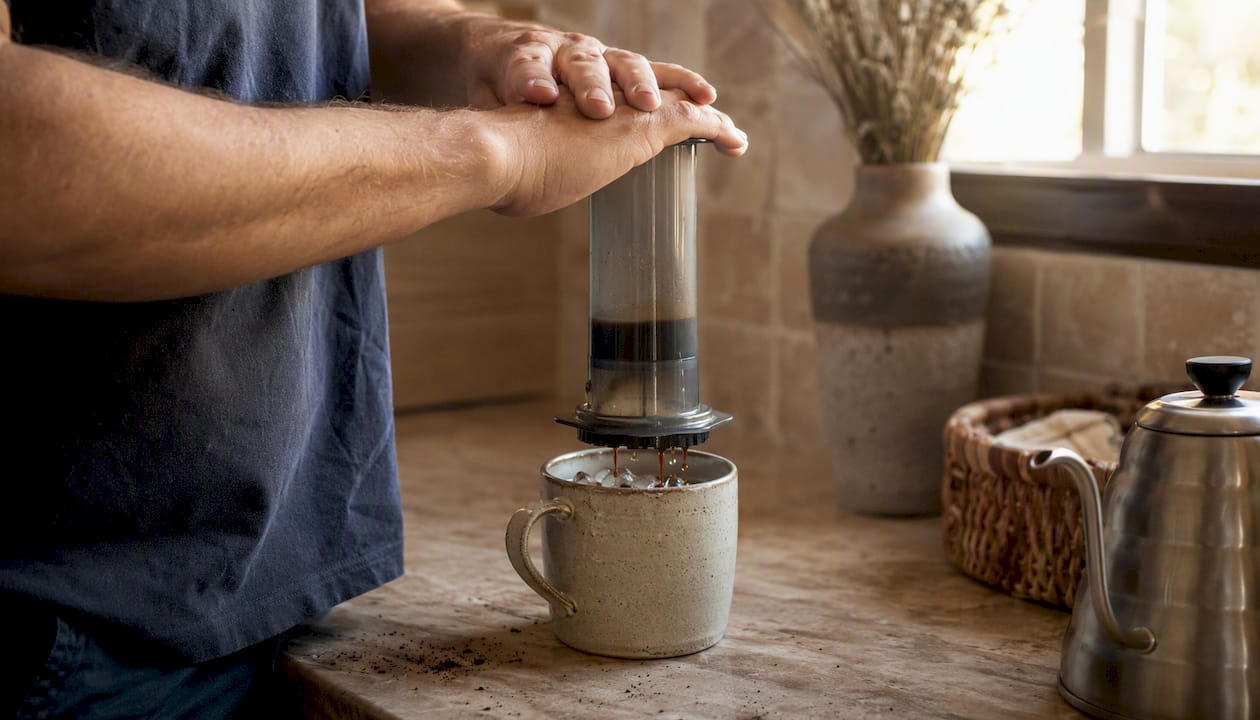 AeroPress brewing coffee onto ice cubes close-up