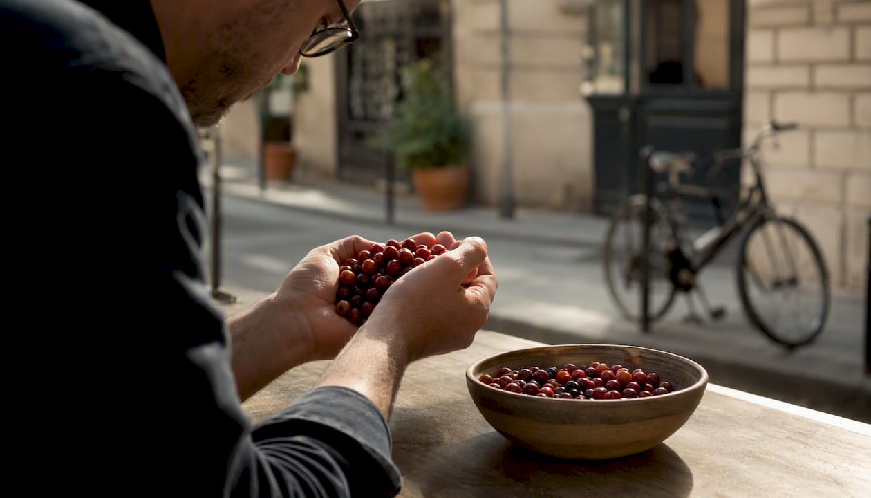 Hands inspecting ripe coffee cherries