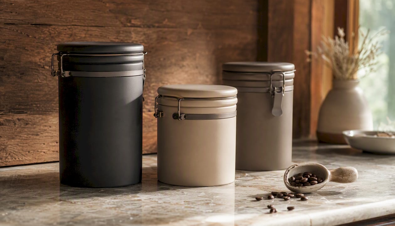 Opaque airtight coffee containers on kitchen countertop
