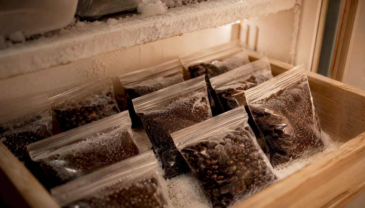 Portioned sealed coffee bags stored in freezer