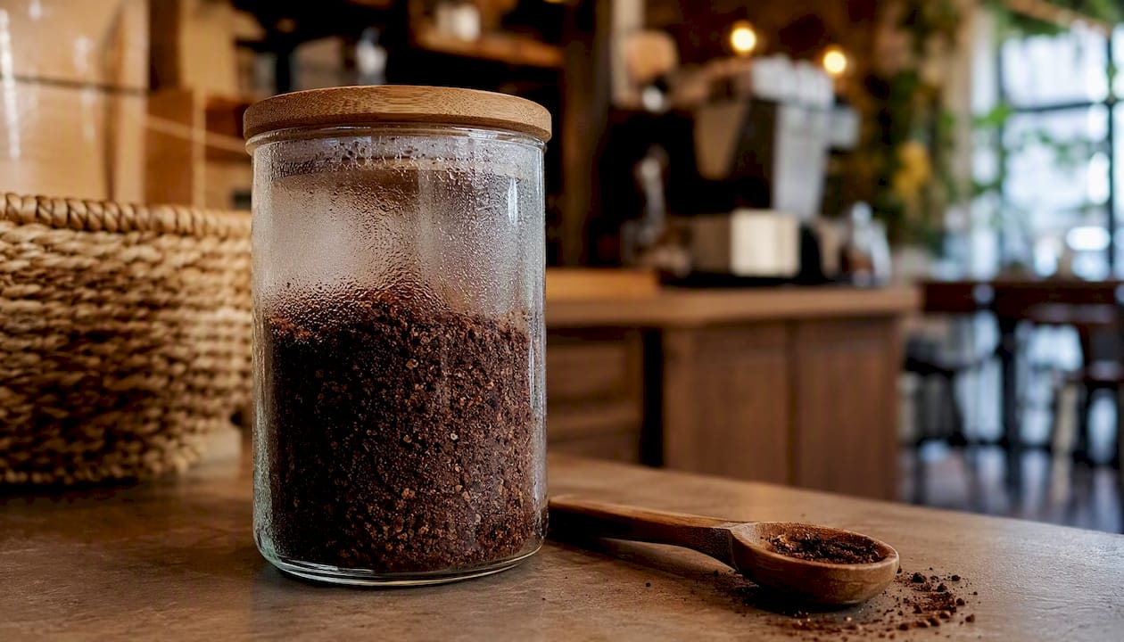 Coarse French press ground coffee in jar