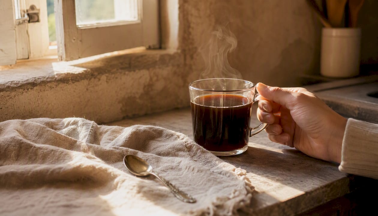 Hand holding glass mug of warm cold brew coffee