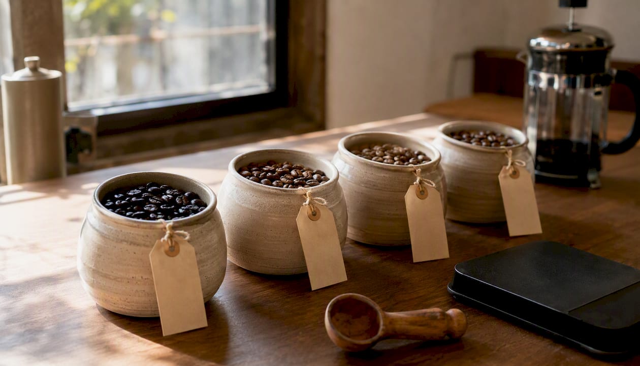 Four jars showing freshness stages of frozen coffee beans
