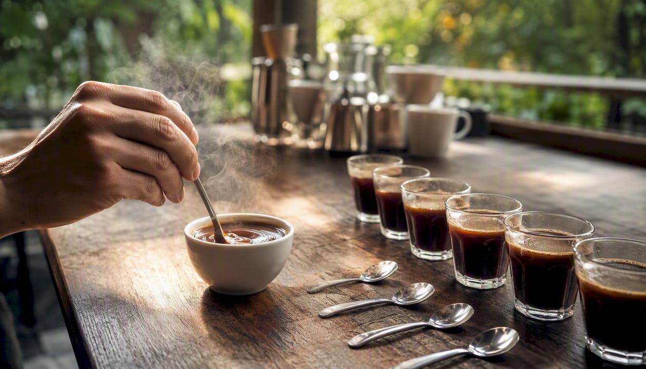 Hands swirling coffee cup in cupping session