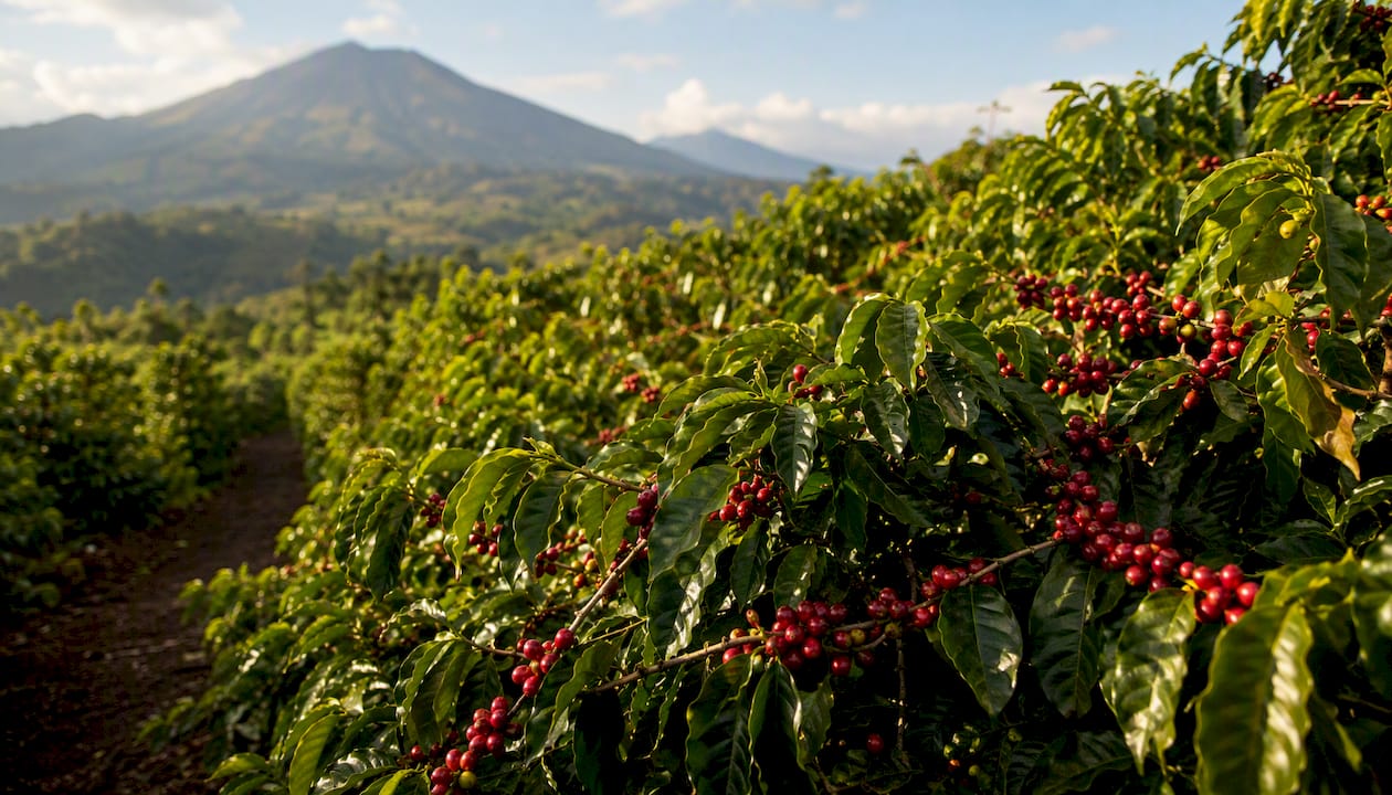 Coffee cherries on high-altitude farm