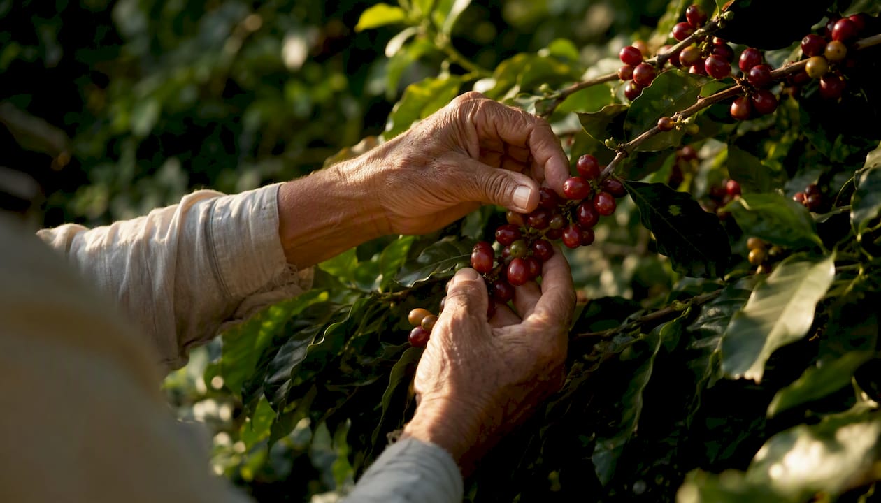 Hands selectively picking ripe coffee cherries