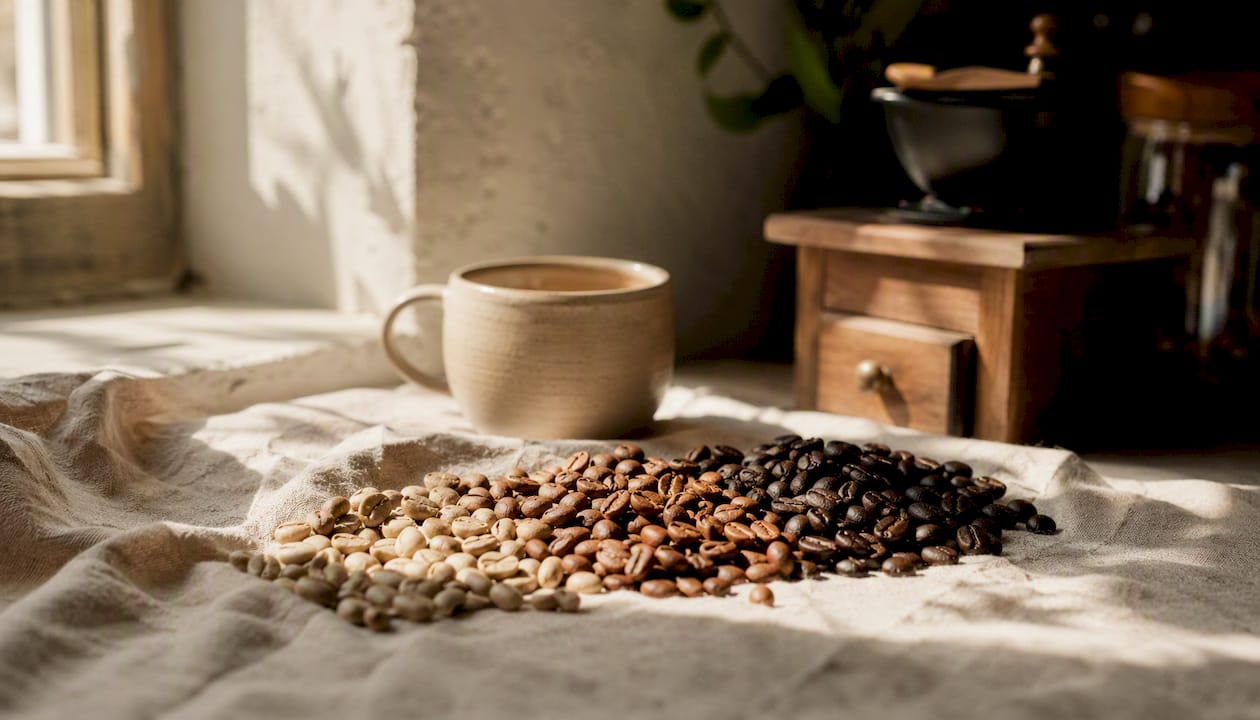 Light and medium roast coffee beans on wood surface