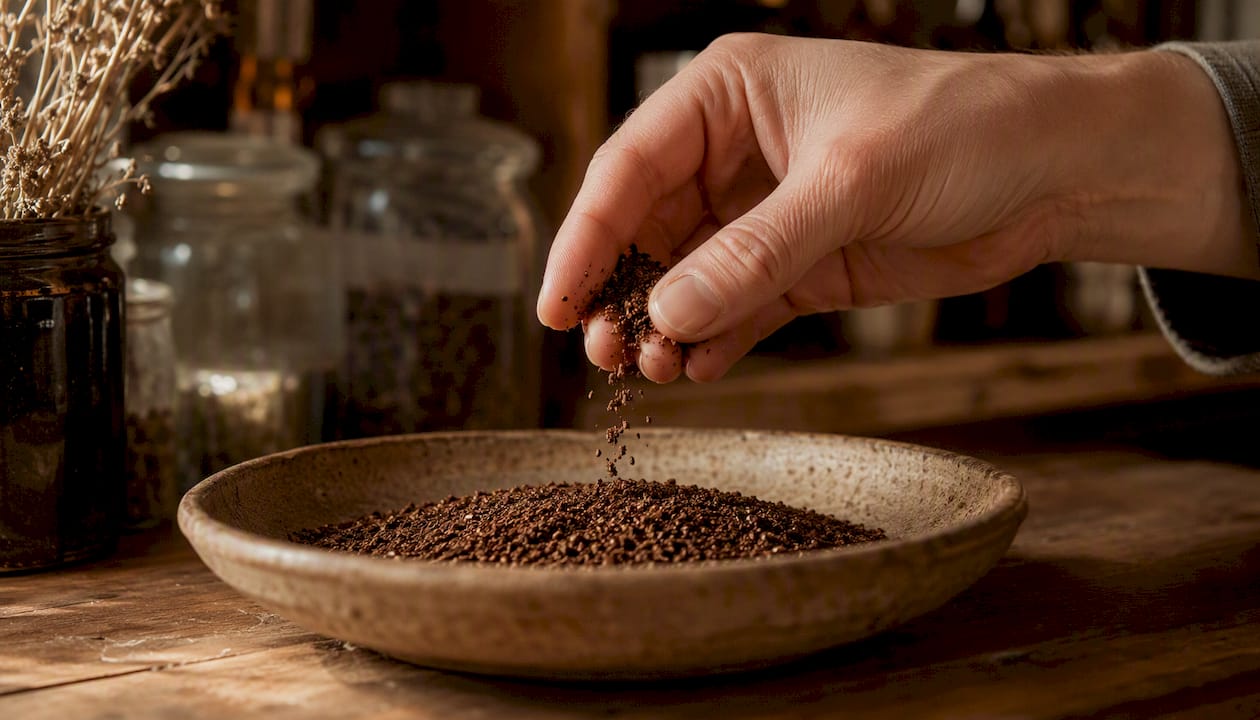 Close-up of medium-coarse coffee grounds between fingers